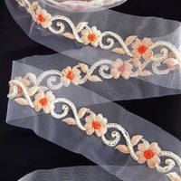 Thumbnail for Beige Net Trim With Floral Embroidery, Pearl Beads Trim, Beaded Trim