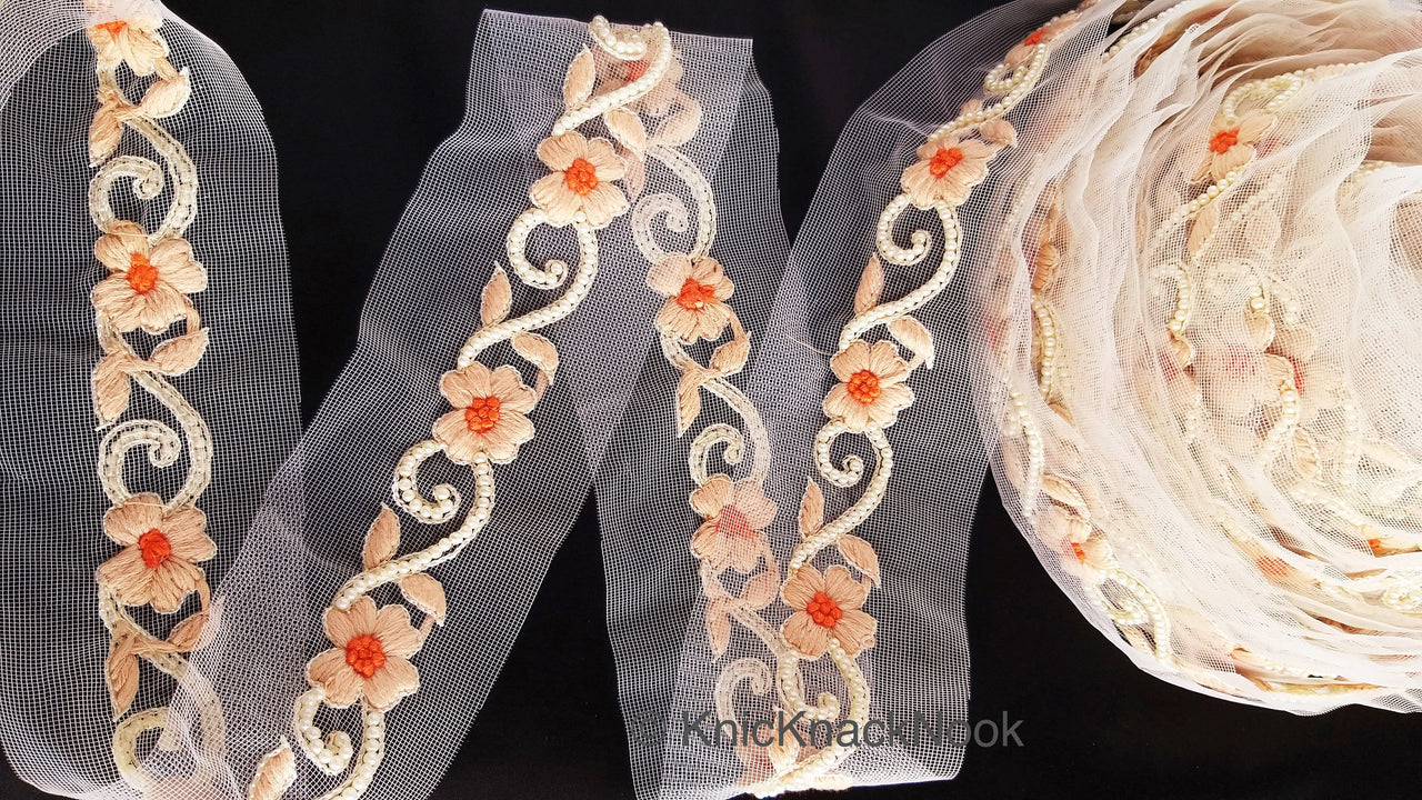 Beige Net Trim With Floral Embroidery, Pearl Beads Trim, Beaded Trim