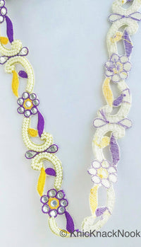 Thumbnail for Floral Embroidered Cutwork Trim, Yellow Embroidery, Beaded Floral Trim