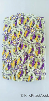 Thumbnail for Floral Embroidered Cutwork Trim, Yellow Embroidery, Beaded Floral Trim
