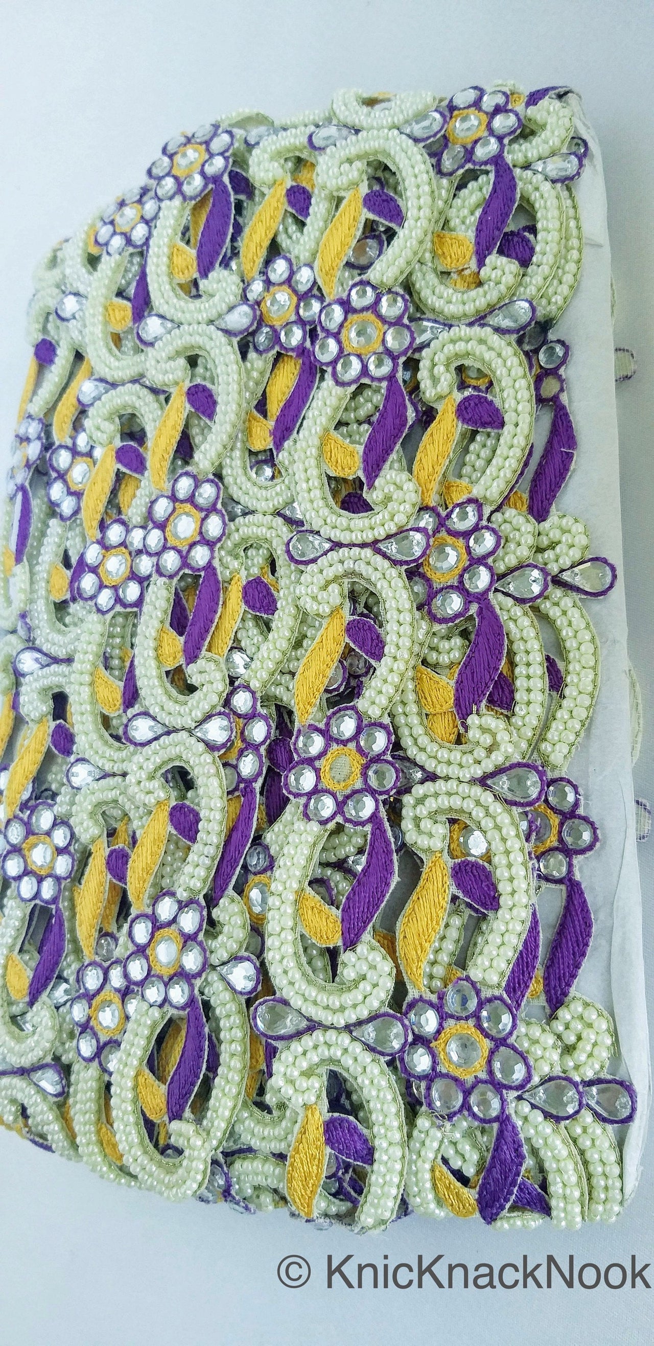 Floral Embroidered Cutwork Trim, Yellow Embroidery, Beaded Floral Trim