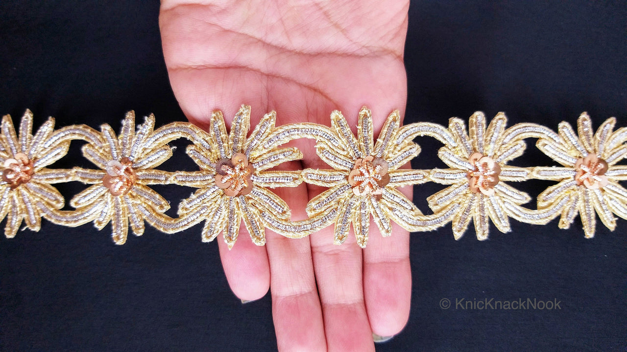 Embroidered Silver And Gold Zardozi Floral Trim, Threadwork Lace, Indian Trim