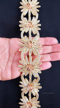 Thumbnail for Embroidered Silver And Gold Zardozi Floral Trim, Threadwork Lace, Indian Trim
