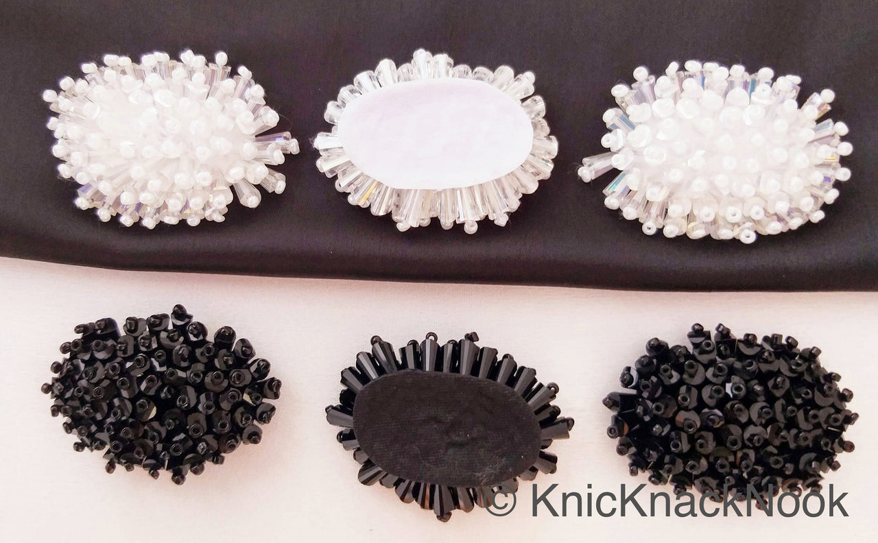 Handmade White Beaded Oblong Applique, Sequinned Beads Applique Motif