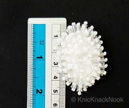 Handmade White Beaded Oblong Applique, Sequinned Beads Applique Motif