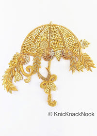 Thumbnail for Hand Embroidered Umbrella Applique With Zardozi And Gold Sequins Embroidery, Appliqué Patch, Tan Brown Indian Motif