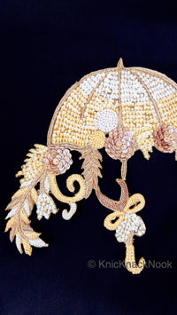Thumbnail for Hand Embroidered Umbrella Applique With Zardozi And Gold Sequins Embroidery, Appliqué Patch, Beige Indian Motif