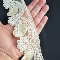 Thumbnail for Gold Sheer Fabric Trim Beige Floral Embroidery And Off White Pearl, Scallops Wedding Trim, Bridal Trim