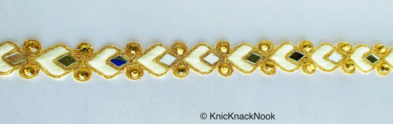 Off White And Gold Thread Lace Trim With Beads And Mirrors Embellishments Approx. 22mm, Decorative Fashion Trim Sari Border Trim by 9 Yards