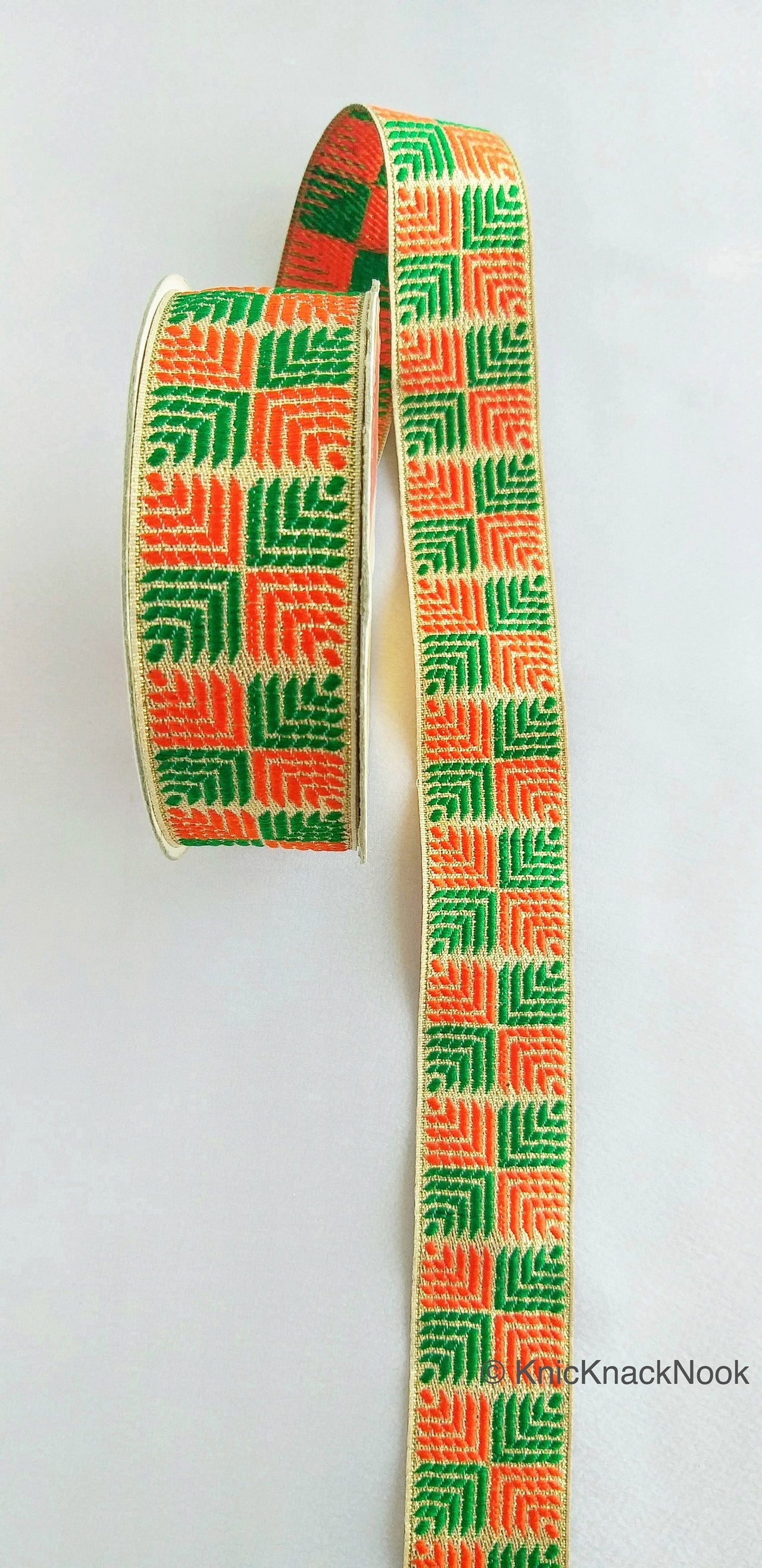 Orange And Green Jacquard Trim, Approx 34mm Wide, Decorative Trim