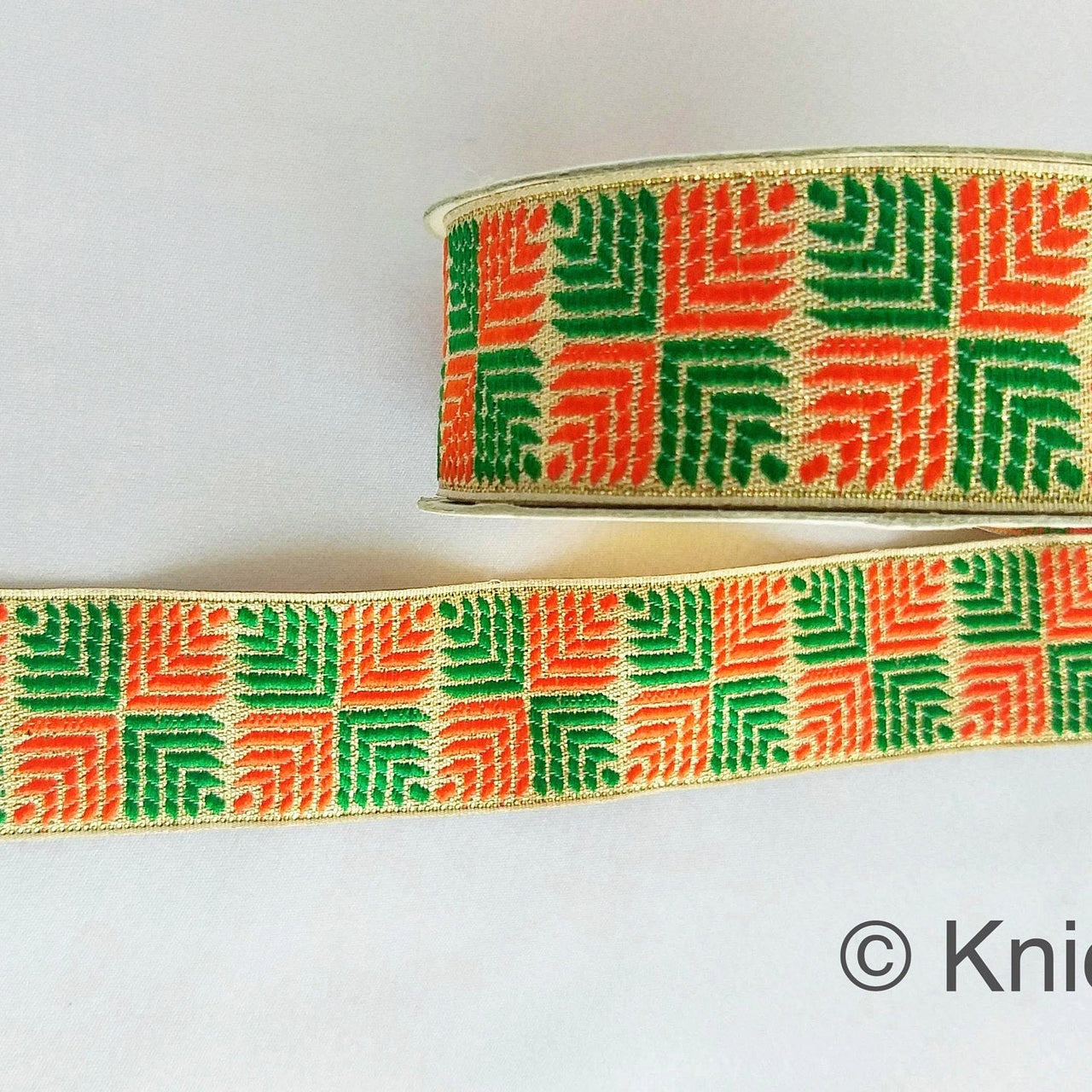 Orange And Green Jacquard Trim, Approx 34mm Wide, Decorative Trim