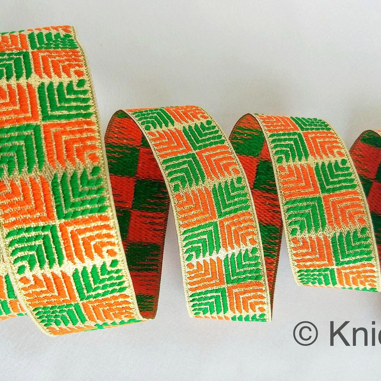 Orange And Green Jacquard Trim, Approx 34mm Wide, Decorative Trim