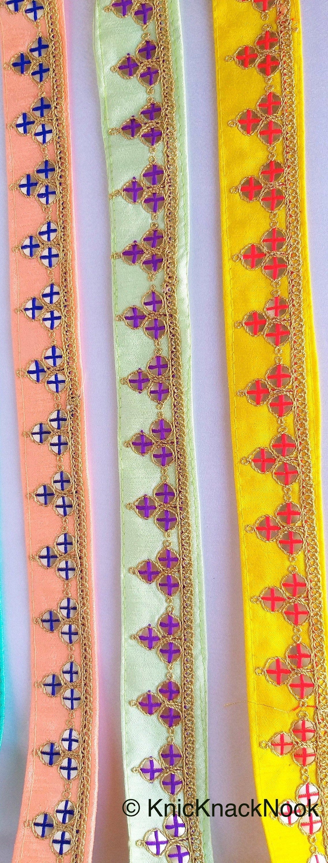 Wholesale Mirrored Trim With Gold Embroidery, Indian Sari border, Decorative Trim
