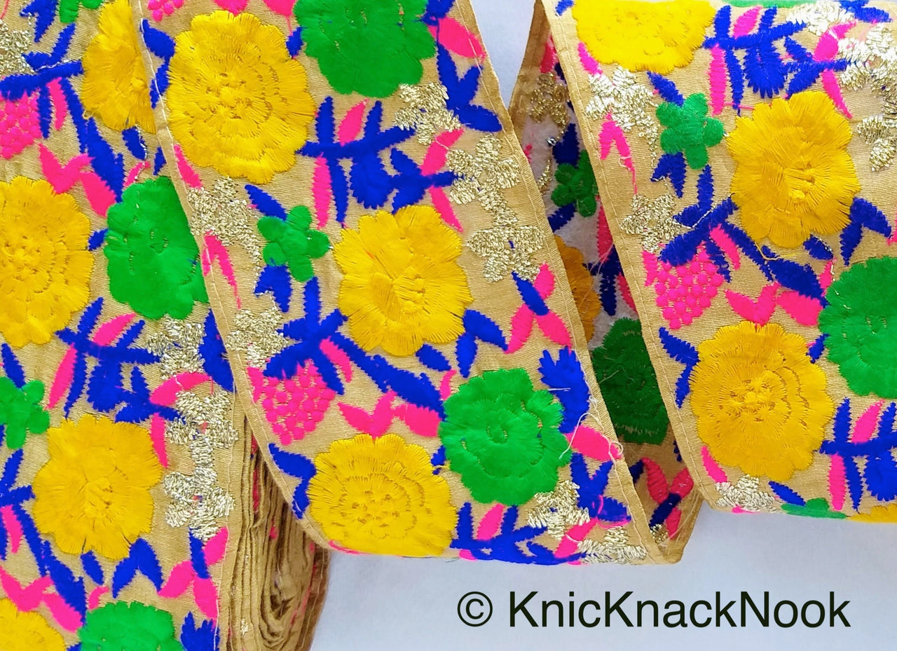 Wholesale Trim In Yellow And Green & Gold Floral Embroidery Trim, Approx. 10cm wide, Indian Embroidered Trim Trim by 9 Yards Decorative Trim