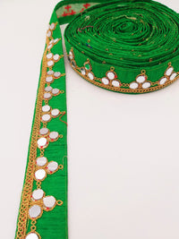 Thumbnail for Green Silk Trim With Mirrors Embellishments and Gold Embroidery, Approx. 34mm Wide, Decorative Trim Costume Trim Fashion Trim By Yard