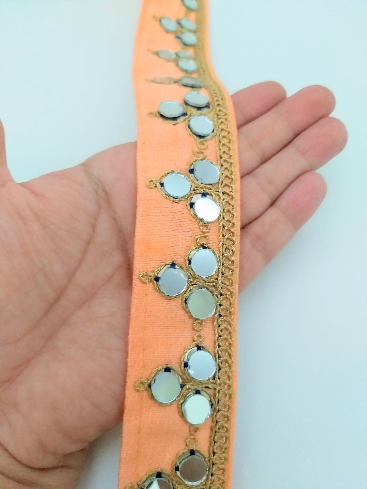 Peach Silk Trim With Mirrors Embellishments and Gold Embroidery, Approx. 34mm Wide, Decorative Trim Costume Trim Fashion Trim By Yard
