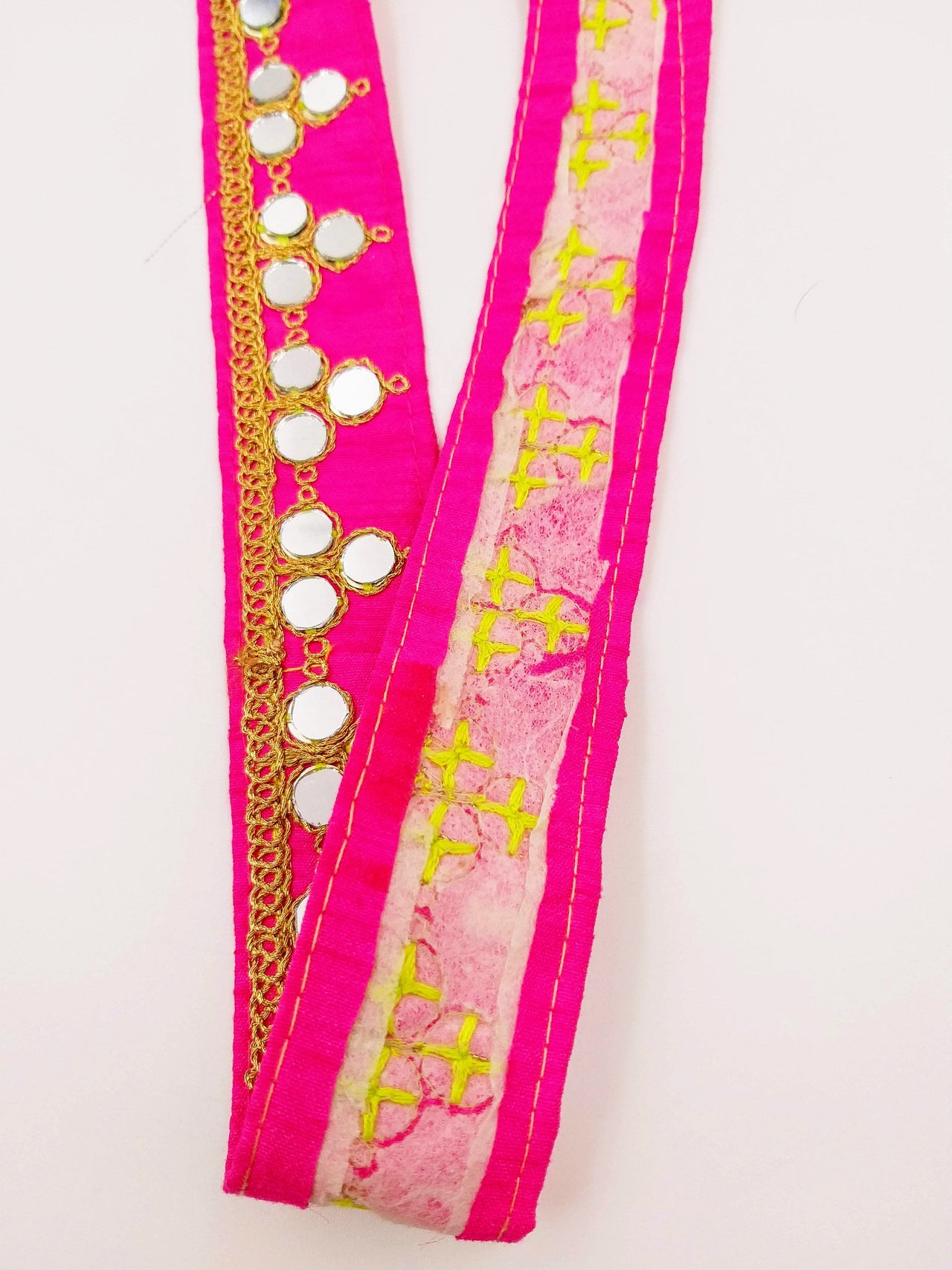 Fuchsia Pink Silk Trim With Mirrors Embellishments and Gold Embroidery, Approx. 34mm Wide, Decorative Trim Costume Trim Fashion Trim By Yard