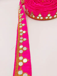 Thumbnail for Fuchsia Pink Silk Trim With Mirrors Embellishments and Gold Embroidery, Approx. 34mm Wide, Decorative Trim Costume Trim Fashion Trim By Yard