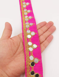 Thumbnail for Fuchsia Pink Silk Trim With Mirrors Embellishments and Gold Embroidery, Approx. 34mm Wide, Decorative Trim Costume Trim Fashion Trim By Yard