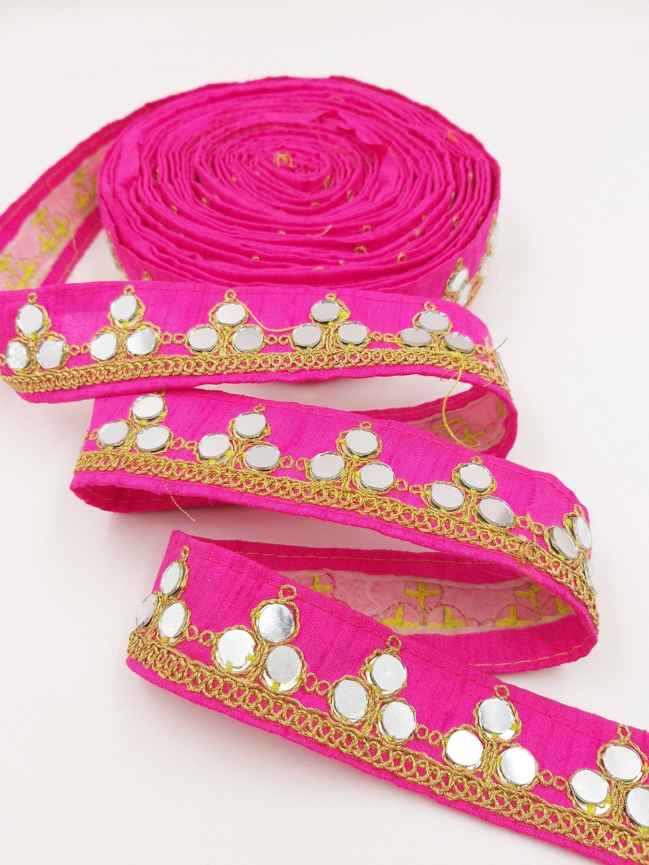 Fuchsia Pink Silk Trim With Mirrors Embellishments and Gold Embroidery, Approx. 34mm Wide, Decorative Trim Costume Trim Fashion Trim By Yard