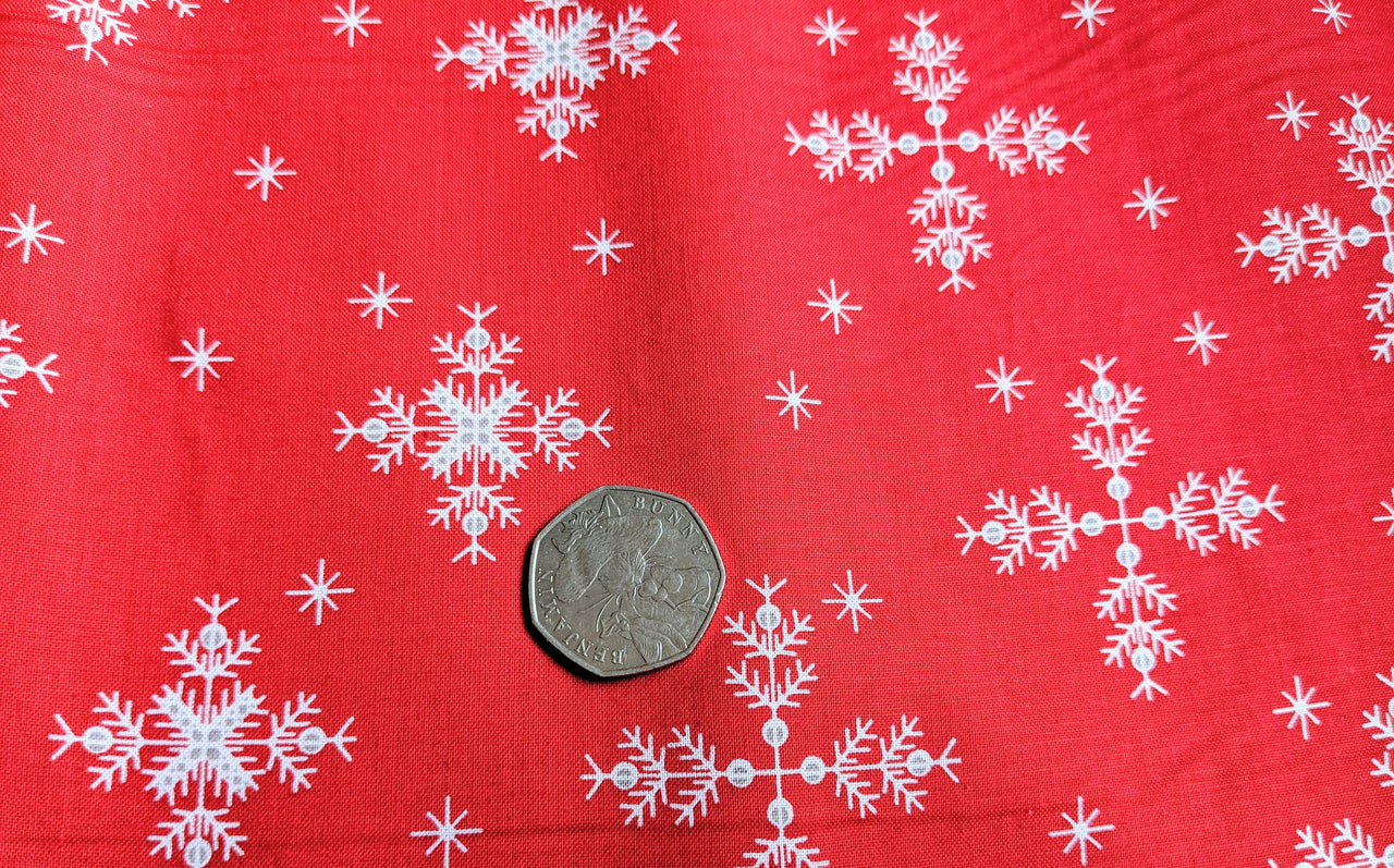 Red Cotton Fabric With White Snowflakes Christmas Fabric, Festive Fabric, Holiday Fabric