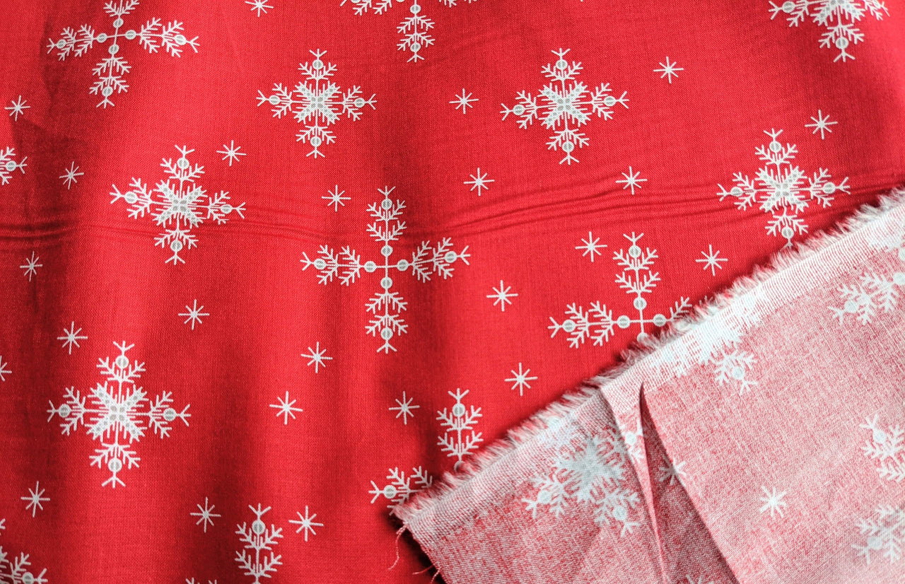 Red Cotton Fabric With White Snowflakes Christmas Fabric, Festive Fabric, Holiday Fabric