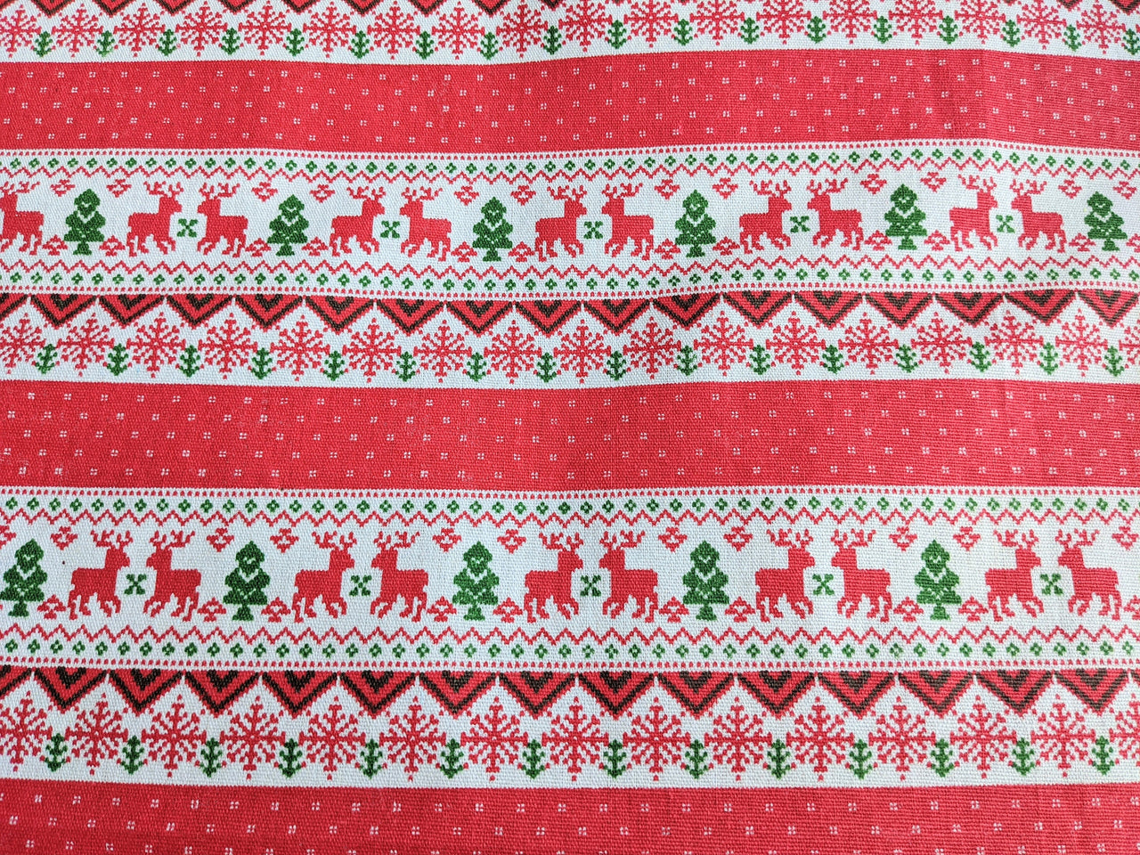 Reindeer Snowflakes Stripes Canvas Fabric, Red And White Fabric, Scandinavian Christmas Fabric