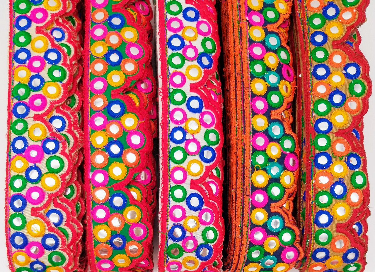 Beige Multicoloured Indian Mirror Trim, Kutch Embroidered Navratri Garba Dress Trim Bridal Lace, Indian Sari Border 42 mm Wide Trim Per Yard