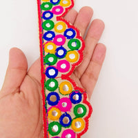 Thumbnail for Beige Multicoloured Indian Mirror Trim, Kutch Embroidered Navratri Garba Dress Trim Bridal Lace, Indian Sari Border 42 mm Wide Trim Per Yard