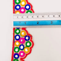 Thumbnail for Beige Multicoloured Indian Mirror Trim, Kutch Embroidered Navratri Garba Dress Trim Bridal Lace, Indian Sari Border 42 mm Wide Trim Per Yard