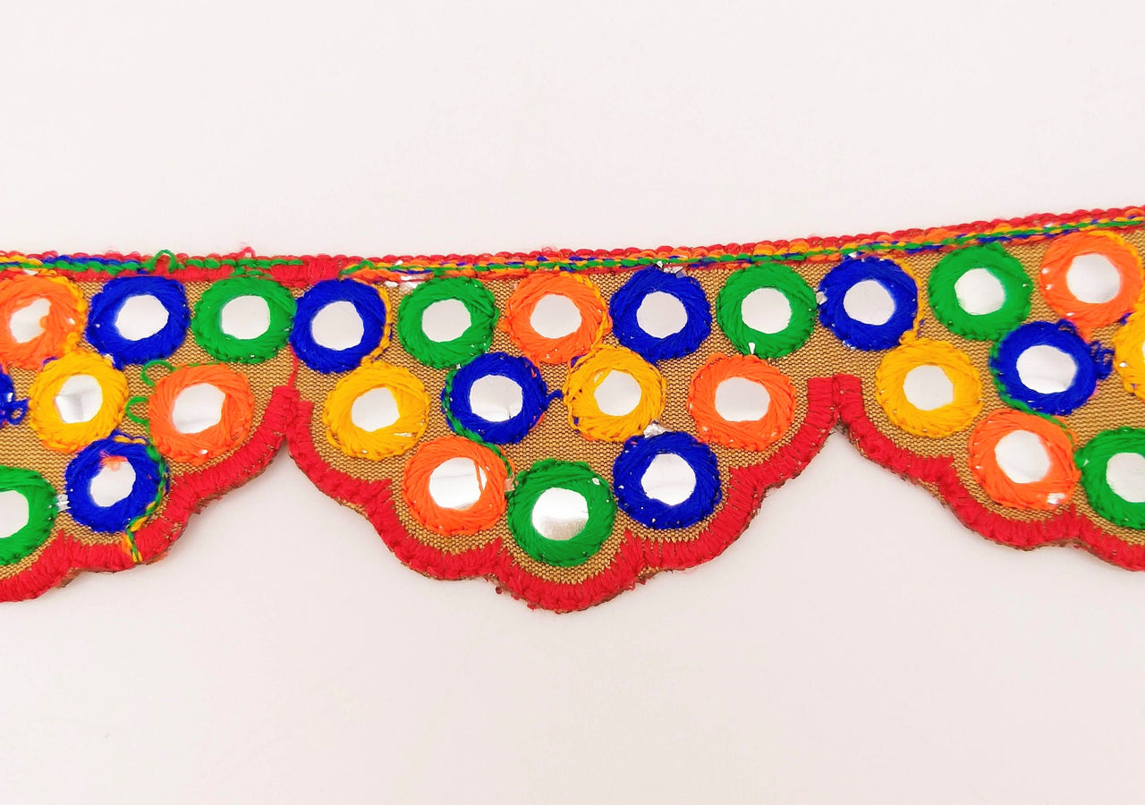 Brown Multicoloured Indian Mirror Trim, Kutch Embroidered Navratri Garba Dress Trim Bridal Lace, Indian Sari Border 42 mm Wide Trim Per Yard