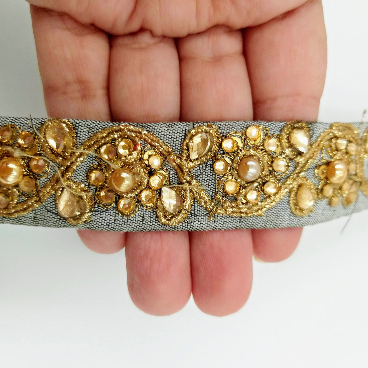 Grey Silk Fabric Lace Trim With Floral Embroidery And Kundan Embellishment, Decorative Sari Trim, Floral Border Trim By Yard