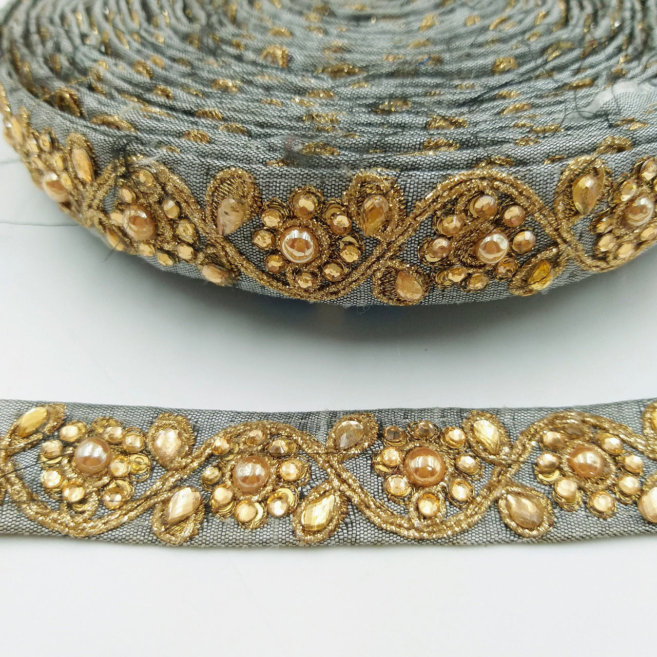 Grey Silk Fabric Lace Trim With Floral Embroidery And Kundan Embellishment, Decorative Sari Trim, Floral Border Trim By Yard