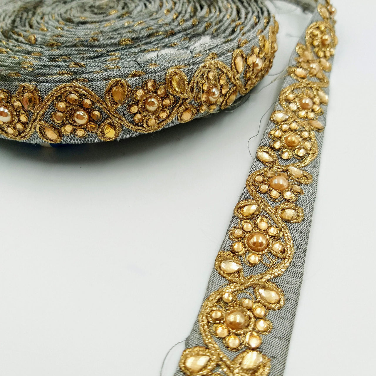 Grey Silk Fabric Lace Trim With Floral Embroidery And Kundan Embellishment, Decorative Sari Trim, Floral Border Trim By Yard