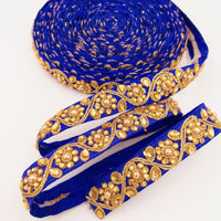 Thumbnail for Royal Blue Silk Fabric Lace Trim Floral Embroidery & Indian Stones Kundan Embellishment, Decorative Sari Trim, Floral Border Trim By Yard