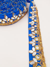 Thumbnail for Royal Blue Silk Trim With Mirrors Embellishments and Gold Embroidery, Approx. 34mm Wide, Decorative Trim Costume Trim Fashion Trim By Yard