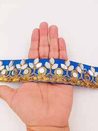 Thumbnail for Royal Blue Silk Trim With Mirrors Embellishments and Gold Embroidery, Approx. 34mm Wide, Decorative Trim Costume Trim Fashion Trim By Yard