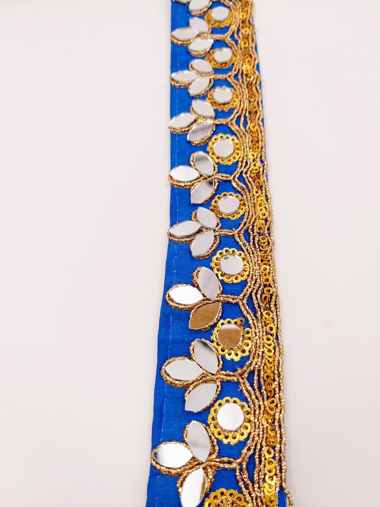 Royal Blue Silk Trim With Mirrors Embellishments and Gold Embroidery, Approx. 34mm Wide, Decorative Trim Costume Trim Fashion Trim By Yard