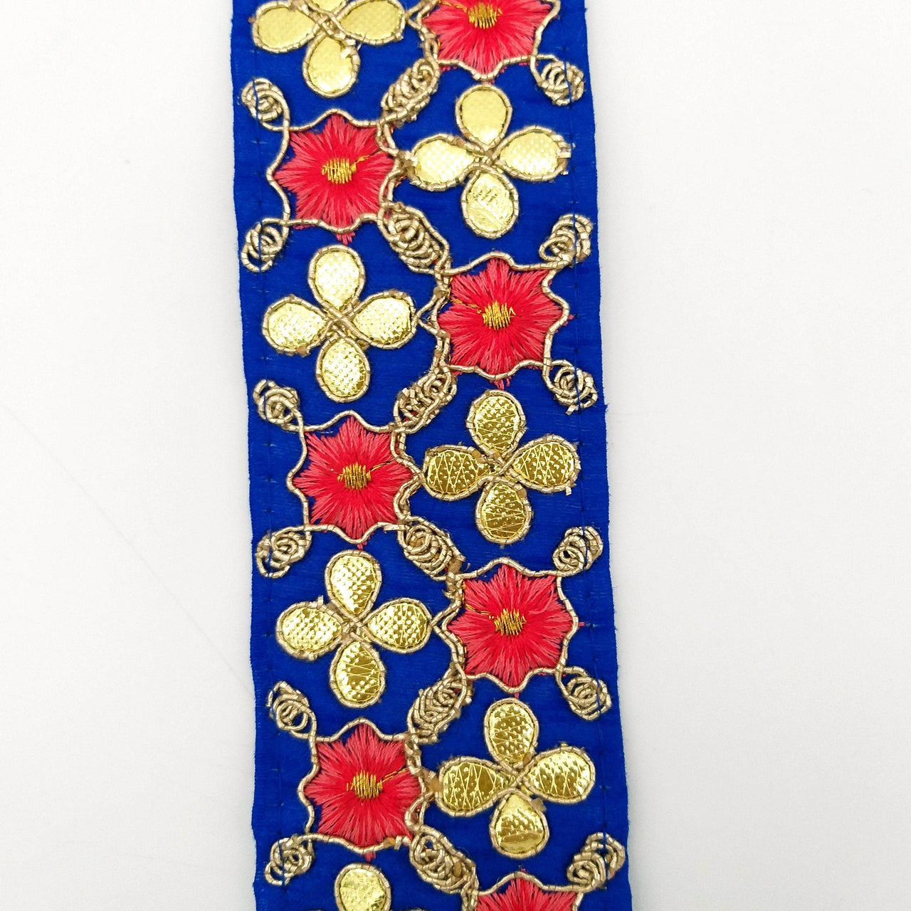 Royal Blue Art Silk Fabric Trim, Salmon Pink & Gold Floral Embroidery Gota Patti Indian Sari Border Trim By Yard Decorative Trim Craft Lace