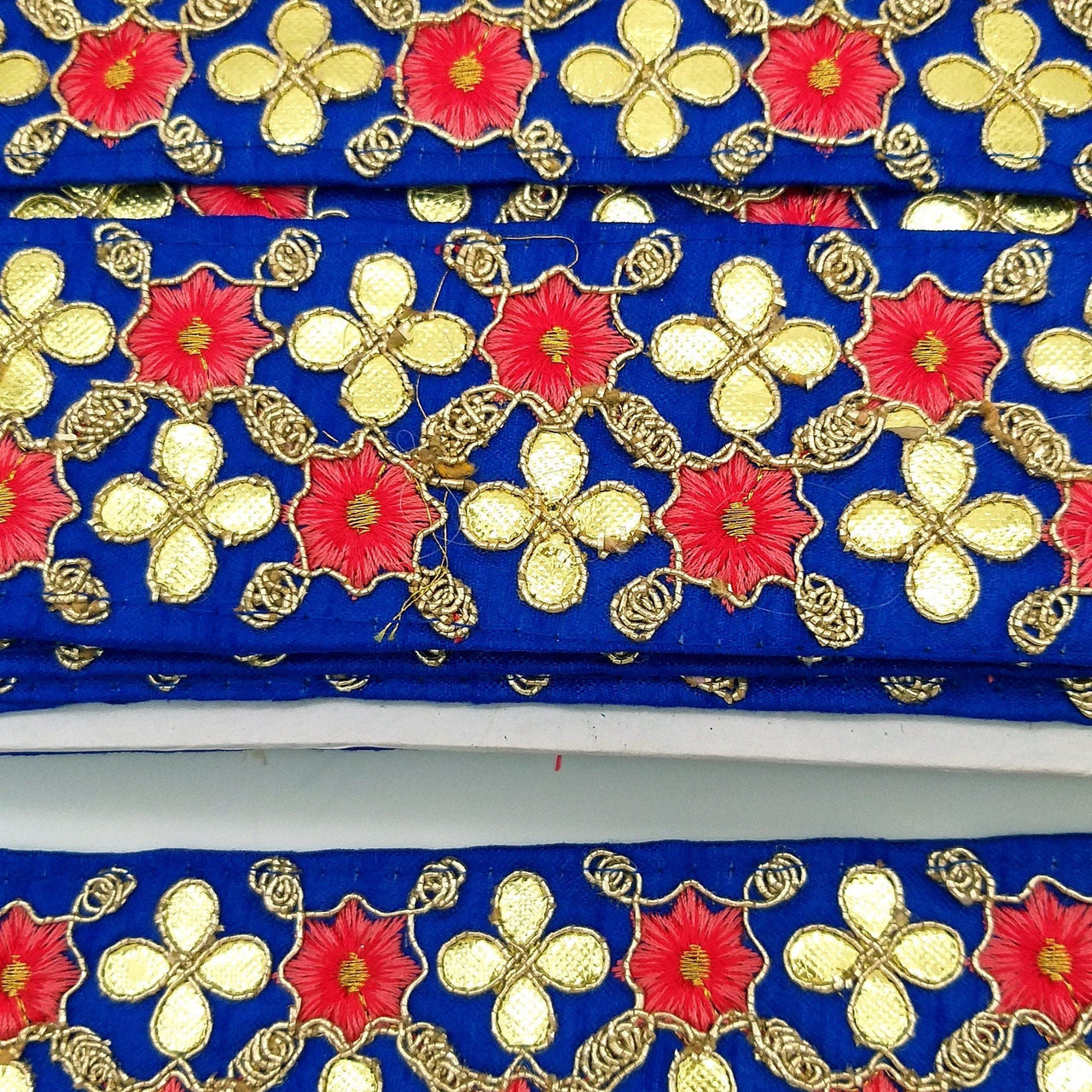 Royal Blue Art Silk Fabric Trim, Salmon Pink & Gold Floral Embroidery Gota Patti Indian Sari Border Trim By Yard Decorative Trim Craft Lace