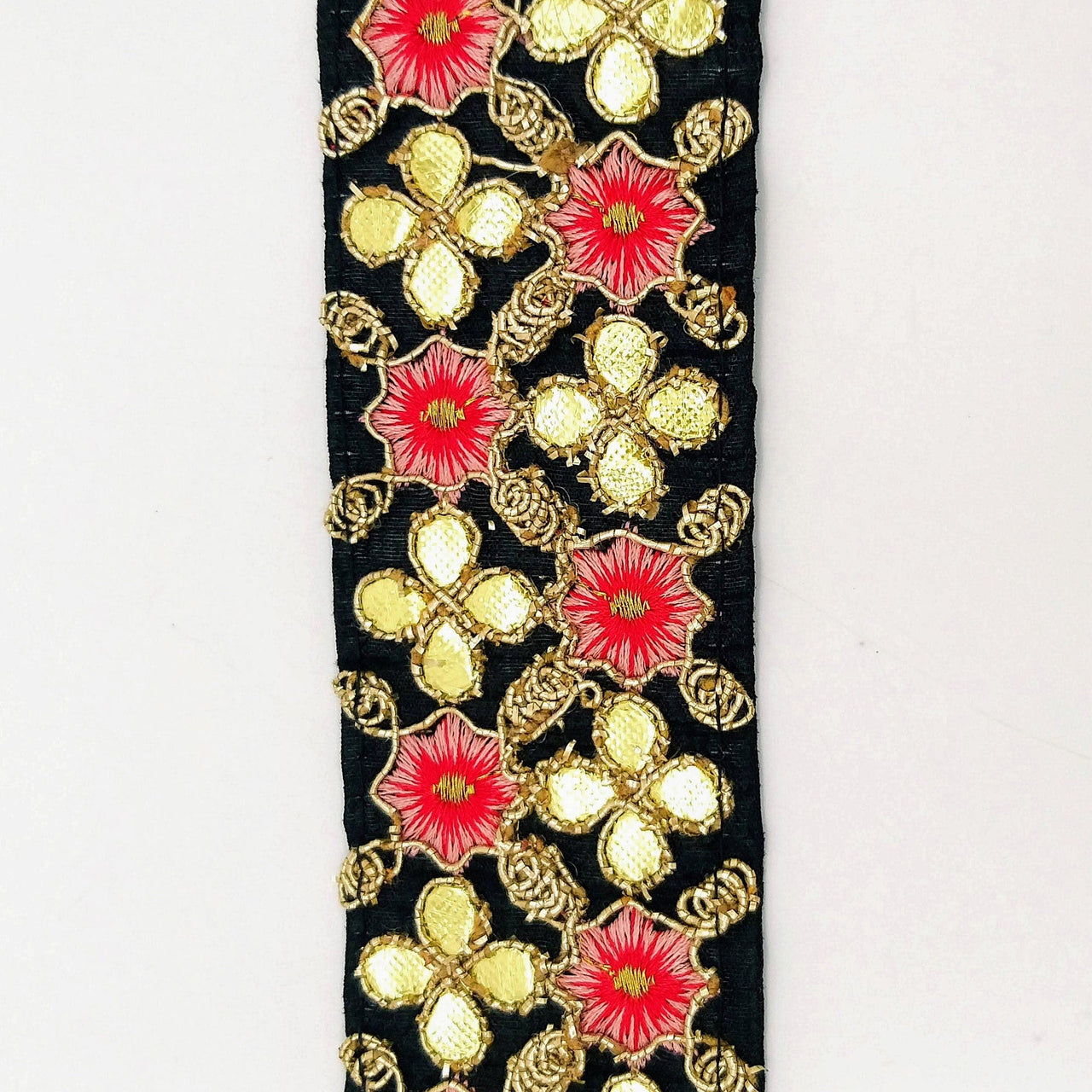 Black Art Silk Fabric Trim, Salmon Pink & Gold Floral Embroidery Gota Patti Indian Sari Border Trim By Yard Decorative Trim Craft Lace