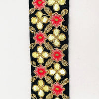 Thumbnail for Black Art Silk Fabric Trim, Salmon Pink & Gold Floral Embroidery Gota Patti Indian Sari Border Trim By Yard Decorative Trim Craft Lace