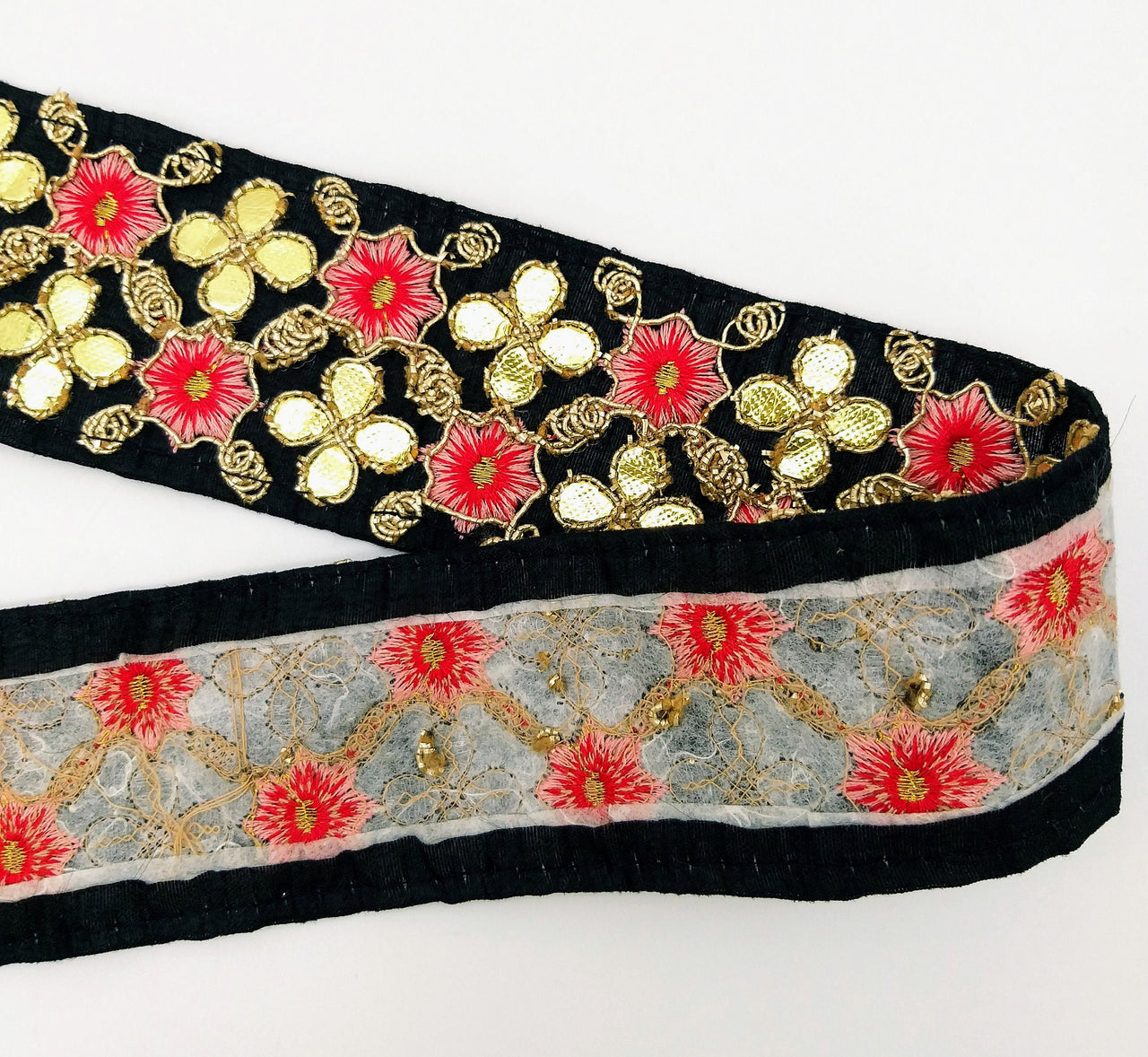 Black Art Silk Fabric Trim, Salmon Pink & Gold Floral Embroidery Gota Patti Indian Sari Border Trim By Yard Decorative Trim Craft Lace
