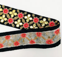 Thumbnail for Black Art Silk Fabric Trim, Salmon Pink & Gold Floral Embroidery Gota Patti Indian Sari Border Trim By Yard Decorative Trim Craft Lace