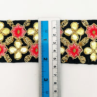 Thumbnail for Black Art Silk Fabric Trim, Salmon Pink & Gold Floral Embroidery Gota Patti Indian Sari Border Trim By Yard Decorative Trim Craft Lace