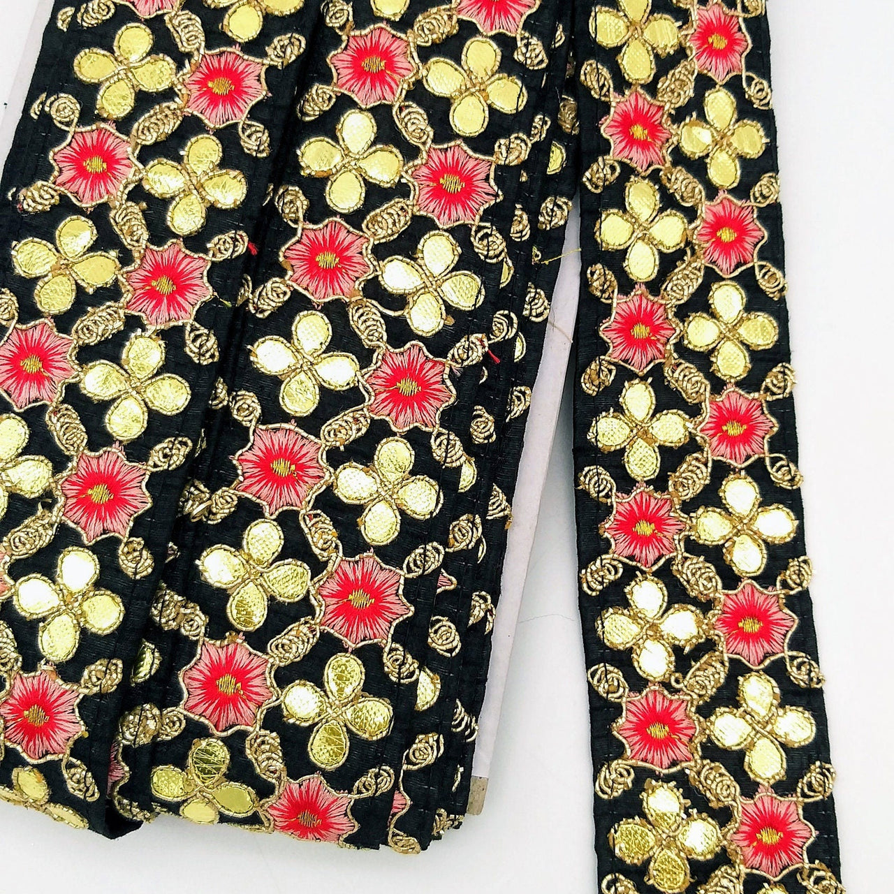 Black Art Silk Fabric Trim, Salmon Pink & Gold Floral Embroidery Gota Patti Indian Sari Border Trim By Yard Decorative Trim Craft Lace