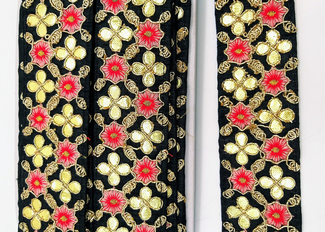 Black Art Silk Fabric Trim, Salmon Pink & Gold Floral Embroidery Gota Patti Indian Sari Border Trim By Yard Decorative Trim Craft Lace