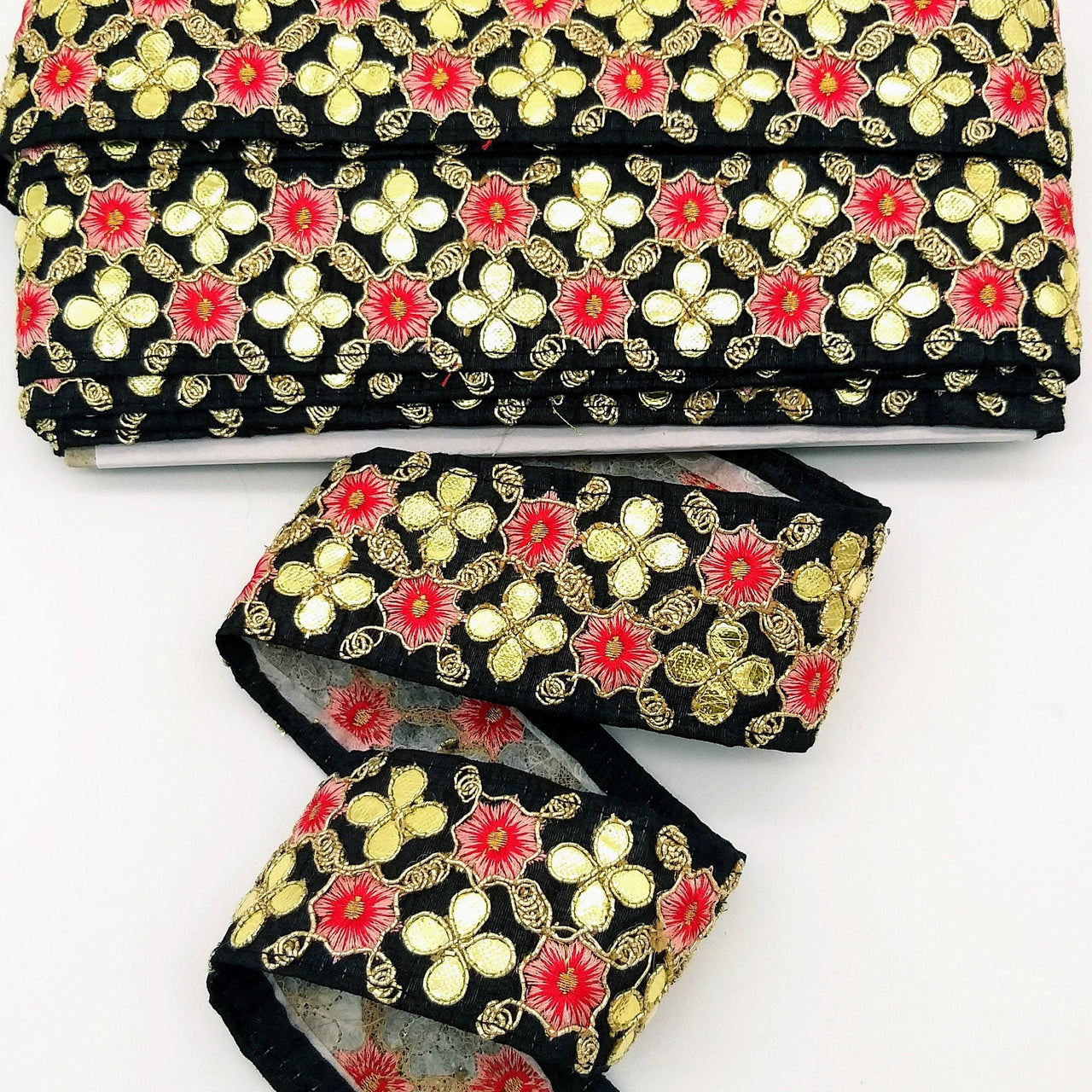 Black Art Silk Fabric Trim, Salmon Pink & Gold Floral Embroidery Gota Patti Indian Sari Border Trim By Yard Decorative Trim Craft Lace