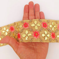 Thumbnail for Beige Art Silk Fabric Trim, Salmon Pink & Gold Floral Embroidery Gota Patti Indian Sari Border Trim By Yard Decorative Trim Craft Lace
