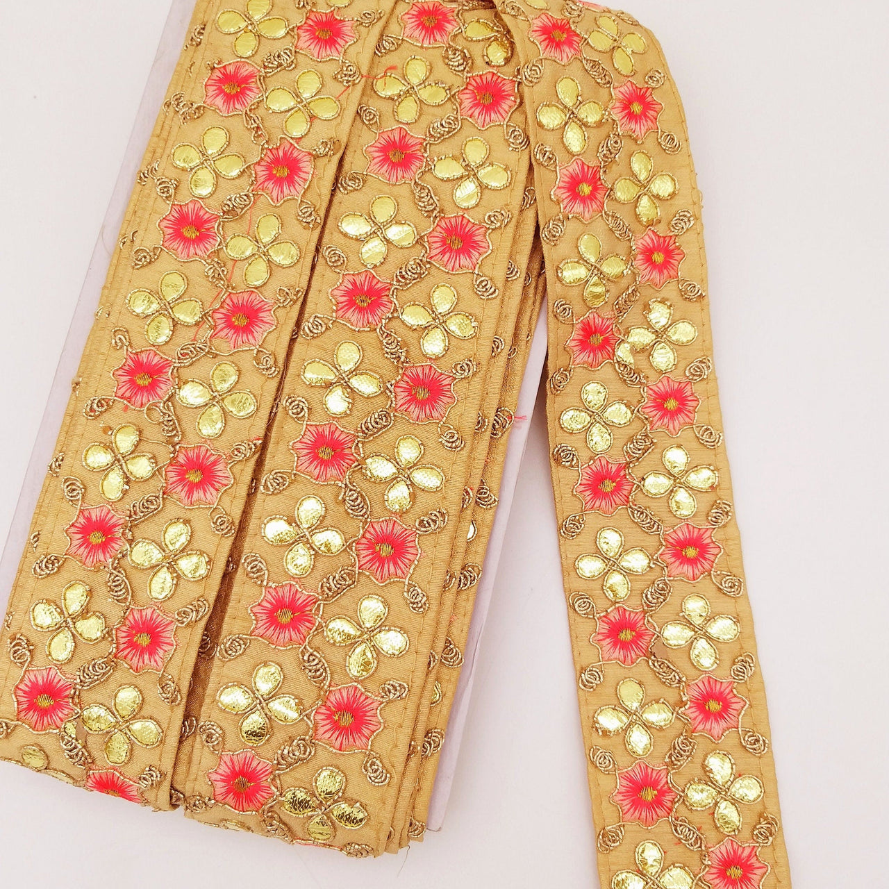 Beige Art Silk Fabric Trim, Salmon Pink & Gold Floral Embroidery Gota Patti Indian Sari Border Trim By Yard Decorative Trim Craft Lace